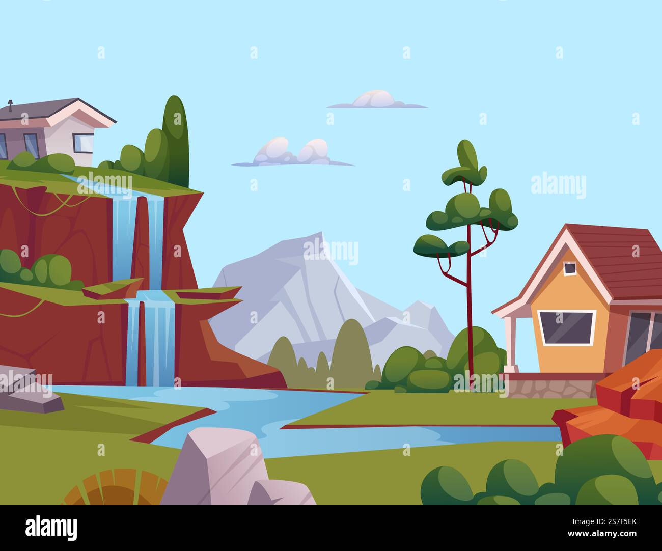 Landschaft im Hintergrund mit fließenden Wasserfällen am Horizont der Berge. Vektor-Cartoon-Häuser und Bäume. Illustration eines Landschaftsbaums und eines Szenenflusses. Landschaft im Hintergrund mit fließenden Wasserfällen am Horizont der Berge. Vektor-Cartoon-Häuser und Bäume Stock Vektor