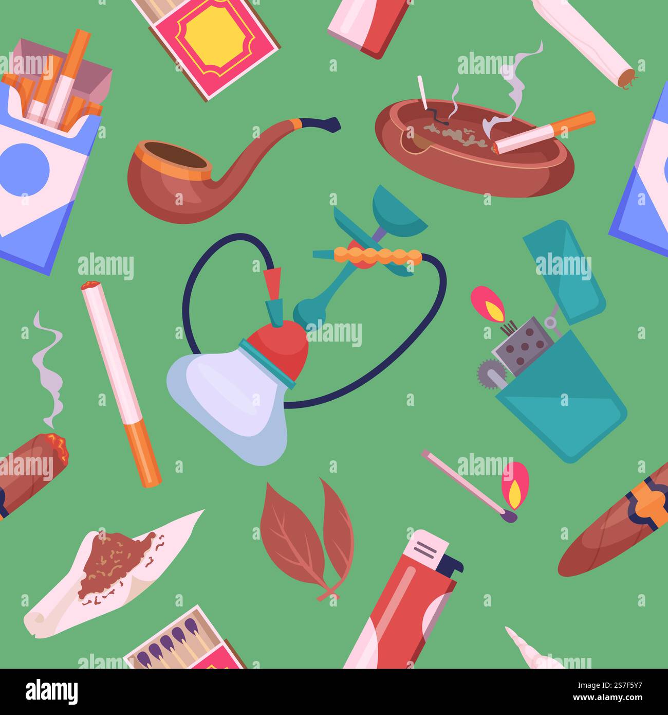 Zigarettenmuster. Tabakblätter und Röhren Feuerzeuge Bilder exakter Vektor nahtloser Hintergrund. Illustration von Zigarette und Nikotin, Tabak für Rauch. Zigarettenmuster. Tabakblätter und Röhren Feuerzeuge Bilder exakter Vektor nahtloser Hintergrund Stock Vektor