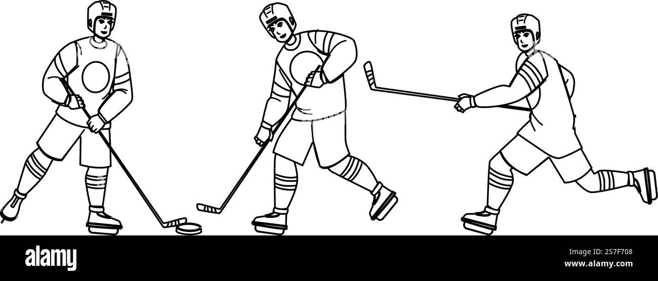 Eishockey-Vektor. Eisstadion, Skate-Profi, Stick-Arena, Aktivitätsziel, extremer Puck, Helm-Eishockey-Charakter. Abbildung der Menschen. Eishockey-Vektor Stock Vektor
