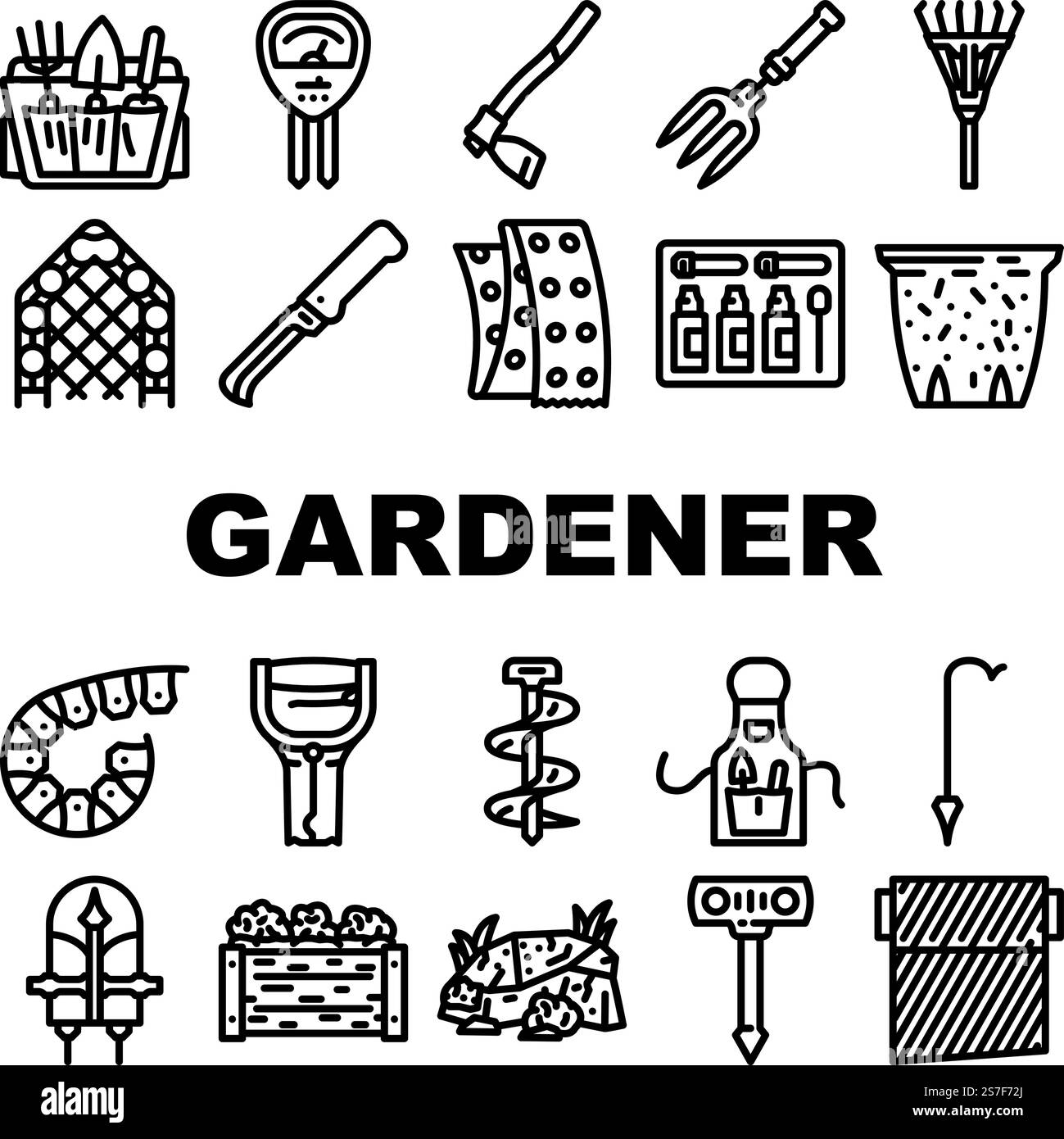 Garten Pflanze Baum Natur Samen Symbole setzen Vektor. Pflegeschaufel, Wasserrechen, Keimling Bio, Blumenzucht, Grastopf, Schlauch Garten Pflanze Baum Natur Samen schwarze Kontur Illustrationen. Garten Pflanze Baum Natur Samen Symbole setzen Vektor Stock Vektor