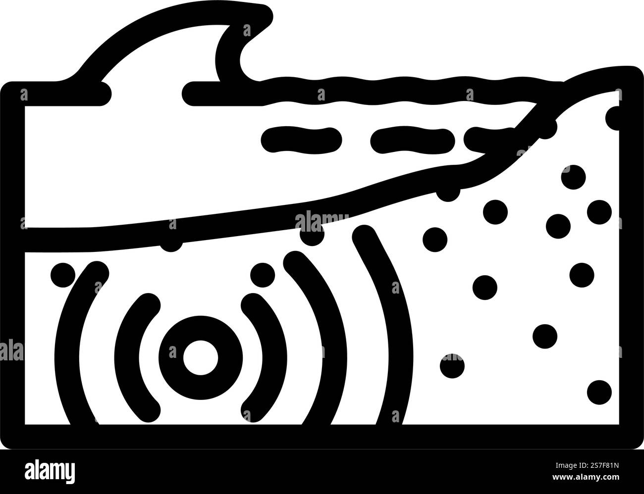 Tsunami Erdbeben Linie Symbol Vektor. Tsunami-Erdbeben-Zeichen. Schwarze Abbildung des isolierten Kontursymbols. Tsunami Erdbeben Linie Symbol Vektor Illustration Stock Vektor