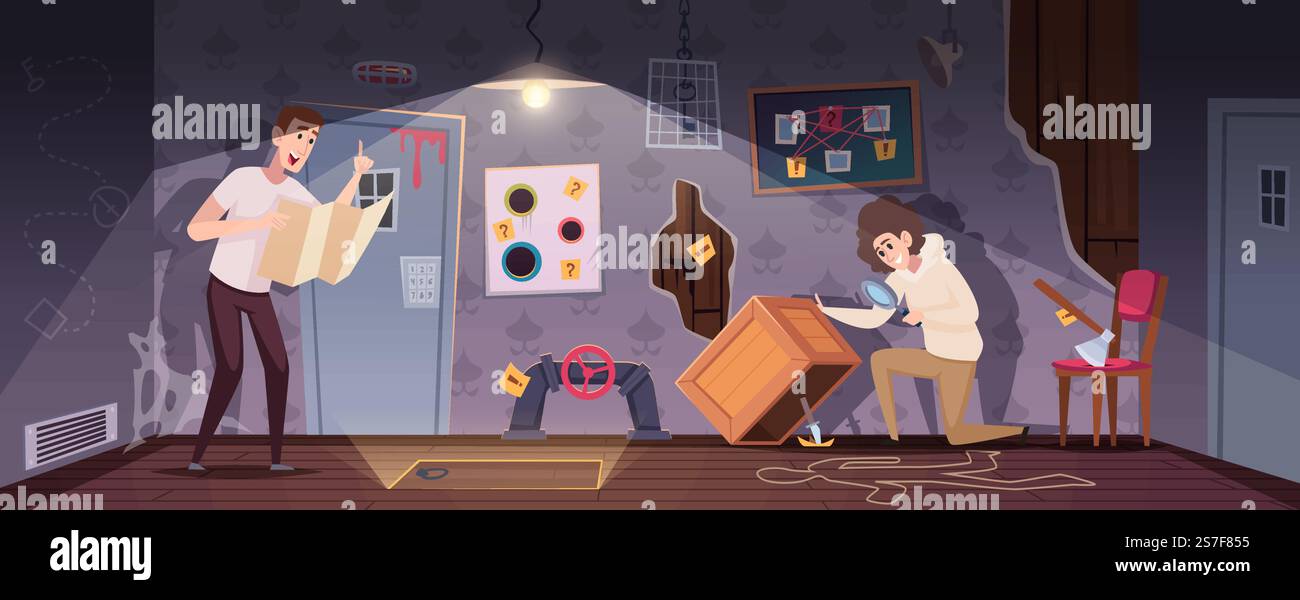 Quest-Zimmer. Spielplatz-Innenraum mit Fragen und Rätseln Puzzles und Geheimnissen exakte Vektor-Zeichentrickhintergrund. Illustration von Raumlabyrinth und Lösen. Quest-Zimmer. Spielplatz-Innenraum mit Fragen und Rätseln Puzzles und Geheimnissen exakte Vektor-Zeichentrickhintergrund Stock Vektor