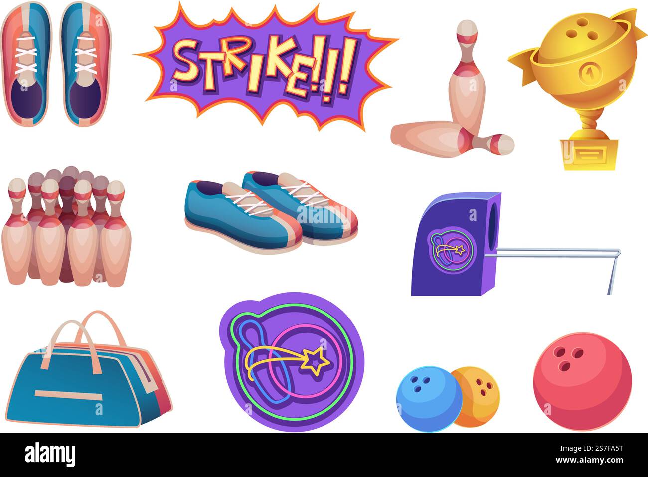 Bowlingklub. Sportausrüstung Bälle Turnschuhe Trophäen Becher Punktmonitor für das Spielen Bowling Action Spiel exakte Vektor Zeichentricksammlung von Bowlingausrüstung, Ball Trophäe Illustration. Bowlingklub. Sportausrüstung Bälle Turnschuhe Trophäen Becher Punktmonitor für das Spielen Bowling Actionspiel exakte Vektor-Zeichentrickkollektion Stock Vektor