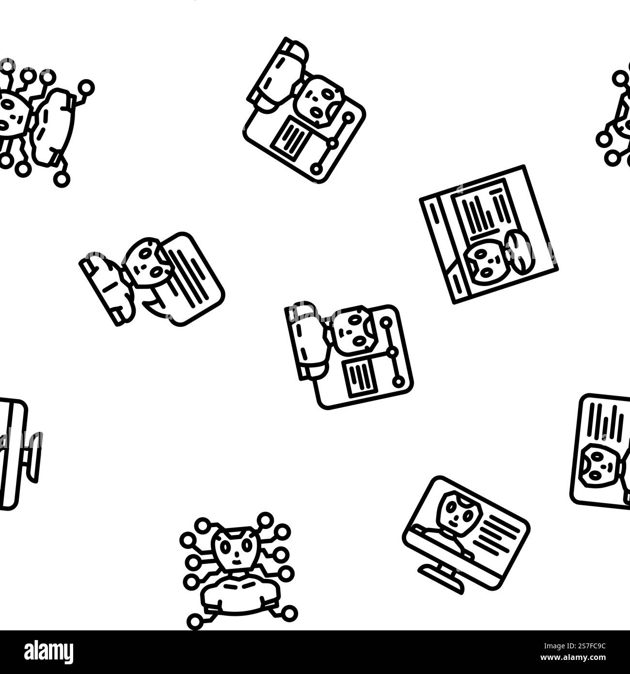 Chatbot Roboter Service Vektor nahtlose Muster dünne Linie Illustration. Nahtloses Muster für Chat-Bot-Roboter-Service-Vektor Stock Vektor