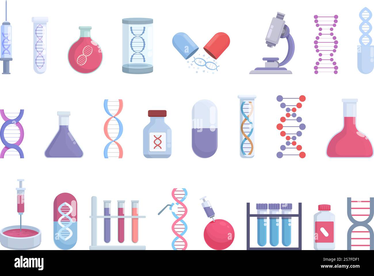 Symbole für die Gentherapie setzen den Cartoon-Vektor. Wissenschaftszelle. Medizin Zukunft. Symbole für die Gentherapie setzen den Cartoon-Vektor. Wissenschaftszelle Stock Vektor