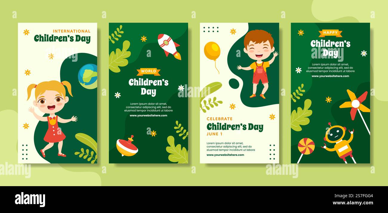 Happy Children Day Social Media Stories Flat Cartoon Handgezeichnete Vorlagen Hintergrund Illustration Stock Vektor