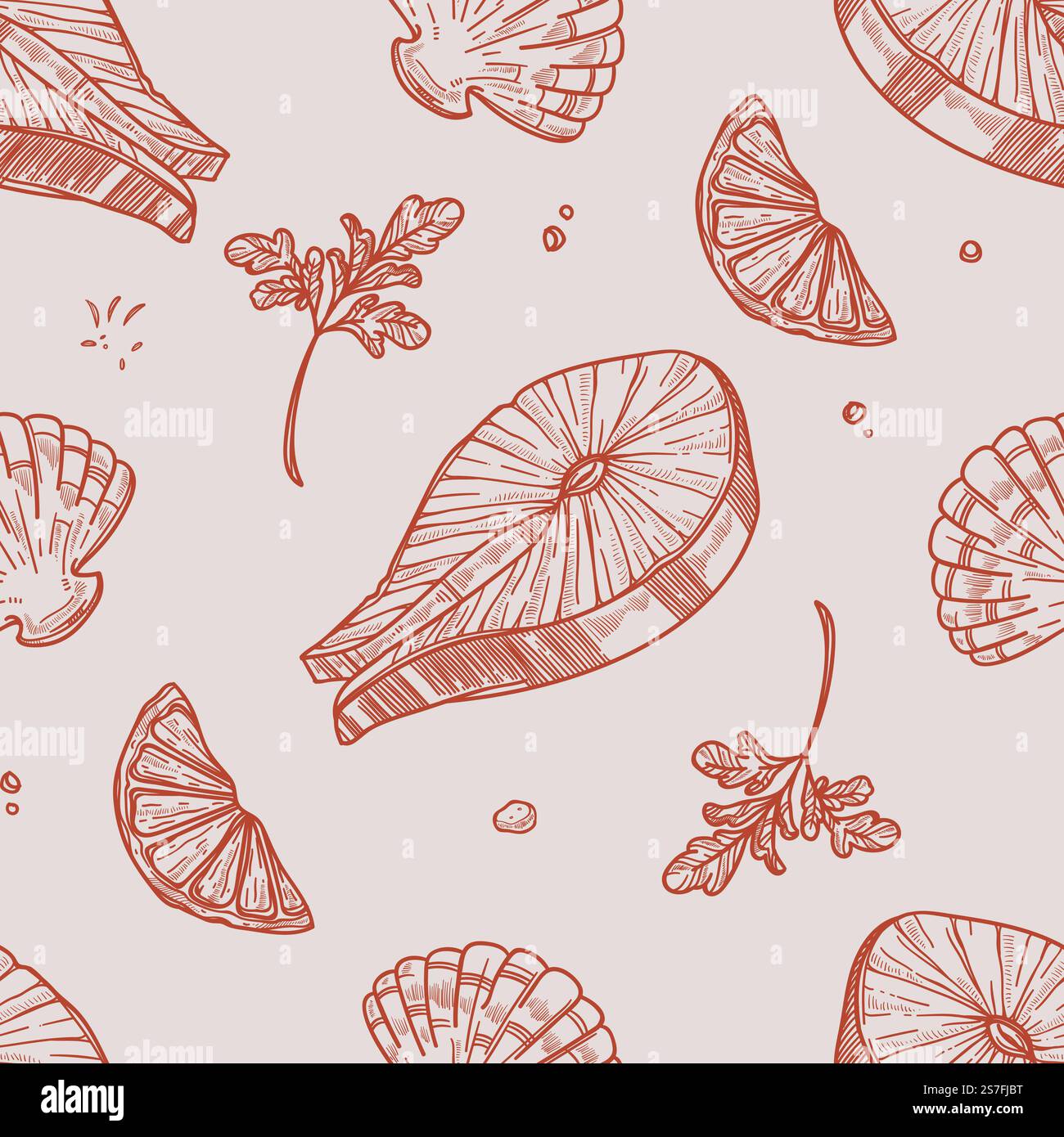 Meeresfrüchte mit Kräutern und Zitronenscheibe. Leckeres Lachsfilet und Austern oder Weichtiere. Essen und Essen im Restaurant, köstliches Essen. Nahtloses Muster, Druck oder Hintergrund. Vektor in abgewickelter Darstellung. Lachsfilet und Austern nahtloses Muster mit Meeresfrüchten Stock Vektor