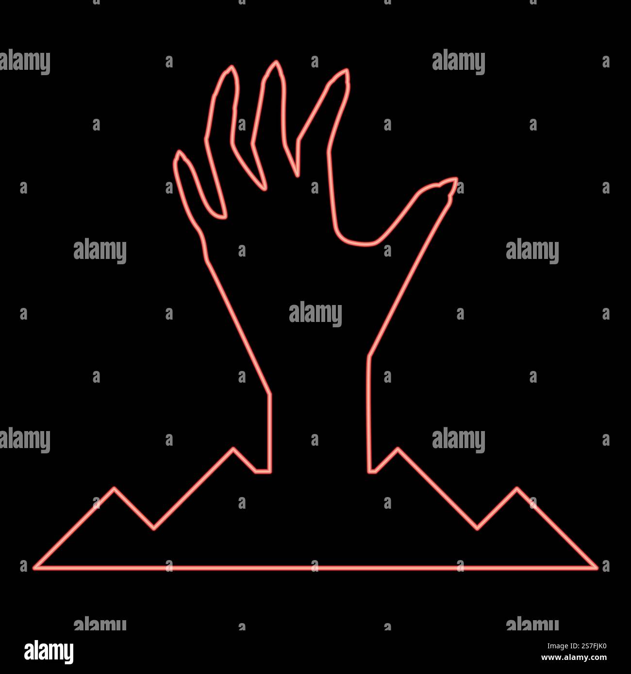 Neon gruselige menschliche Hand vom Boden Silhouette toter Mann&rsquo;s Halloween dekoratives Element Zombie Konzept gruselige Klaue scharfe Nägel knöcherne Arm Finger Mann untot rote Farbe Vektor Illustration Bild flache Art Licht. Neon gruselige menschliche Hand vom Boden Silhouette toter Mann&rsquo;s Halloween dekoratives Element Zombie Konzept gruselige Klaue scharfe Nägel knöcherne Arm Finger Mann untote rote Farbe Vektor Illustration Bild flach Stil Stock Vektor