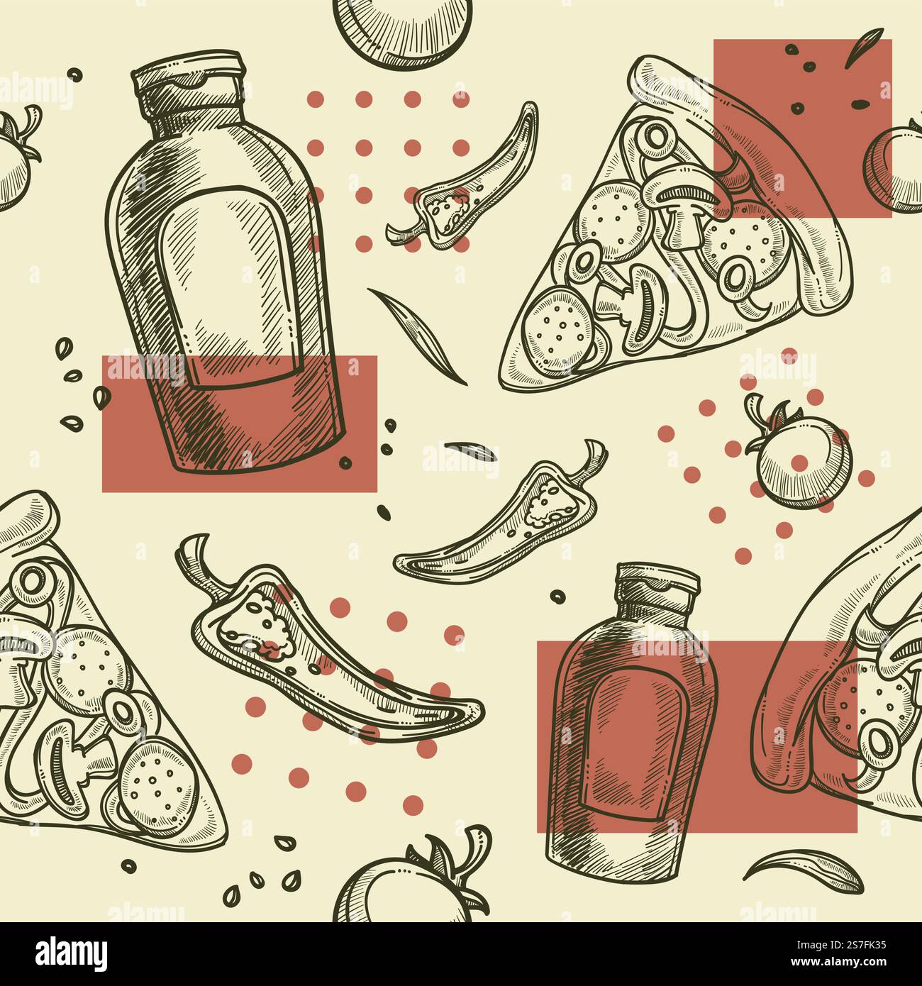 Leckere Pizza und leckeres Getränk, authentisches Rezept mit Pilzen und Salamischeiben. Schwarzweiß-Skizzenkontur, nahtloser Hintergrund, Druck oder Hintergrundbild. Vektor in abgewickelter Form. Pizza und leckeres Getränk, Chili und Teigvektor Stock Vektor