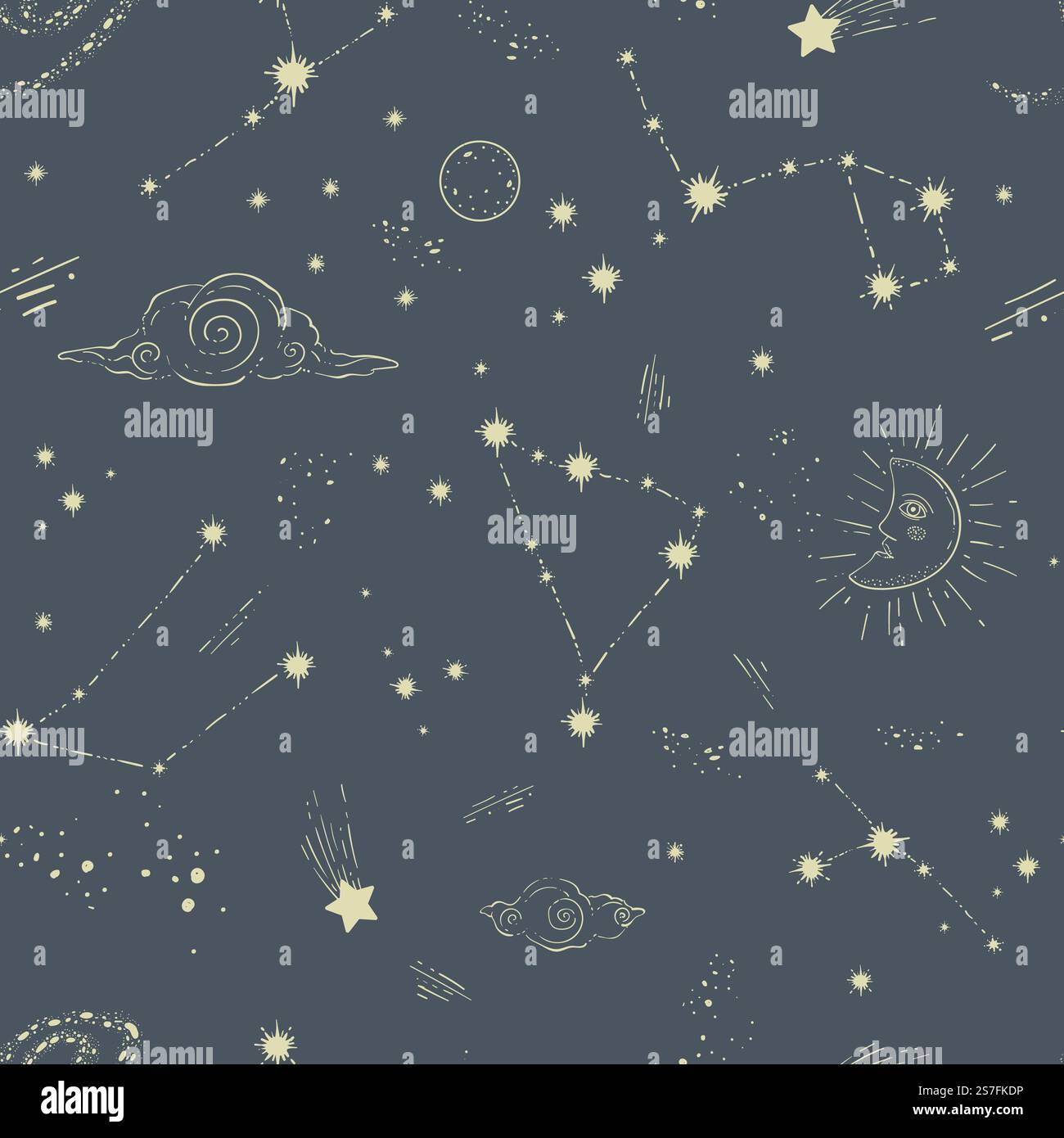 Sternbilder und Sternenhimmel mit Formen und Linien. Vintage Sonne und Mond, Wolken und leuchtende oder leuchtende Sterne. Nahtloser Musterdruck oder Hintergrundhintergrund. Vektor in abgewickelter Darstellung. Sternenhimmel mit Sternbildern und Figuren Stock Vektor