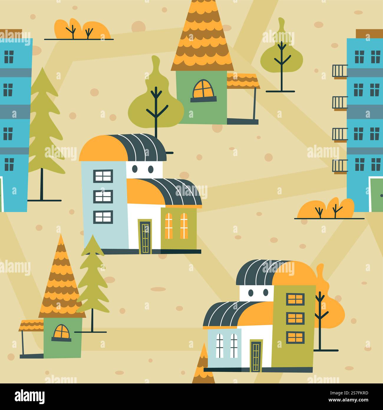 Häuser und Gebäude auf dem Land oder im ländlichen Raum. Stadtarchitektur, Hof und Garten, Äußere und Fassade von Gebäuden. Hintergrund- oder Tapetendruck, nahtloses Muster. Vektor in abgewickelter Form. Muster von Landhäusern und Gebäuden Stock Vektor