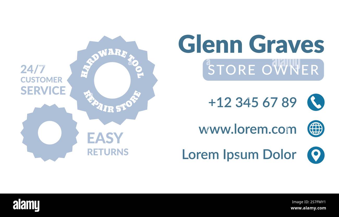 Reparaturwerkstatt, Hardware-Tools Visitenkarte mit Eigentümerinformationen und Kontakten, Website und Standort, Telefonnummer und Logo. Kundenservice und einfache Rücksenderichtlinie. Vektor in abgewickelter Form. Hardware-Tools, Visitenkartenvorlage für Reparaturwerkstätten Stock Vektor