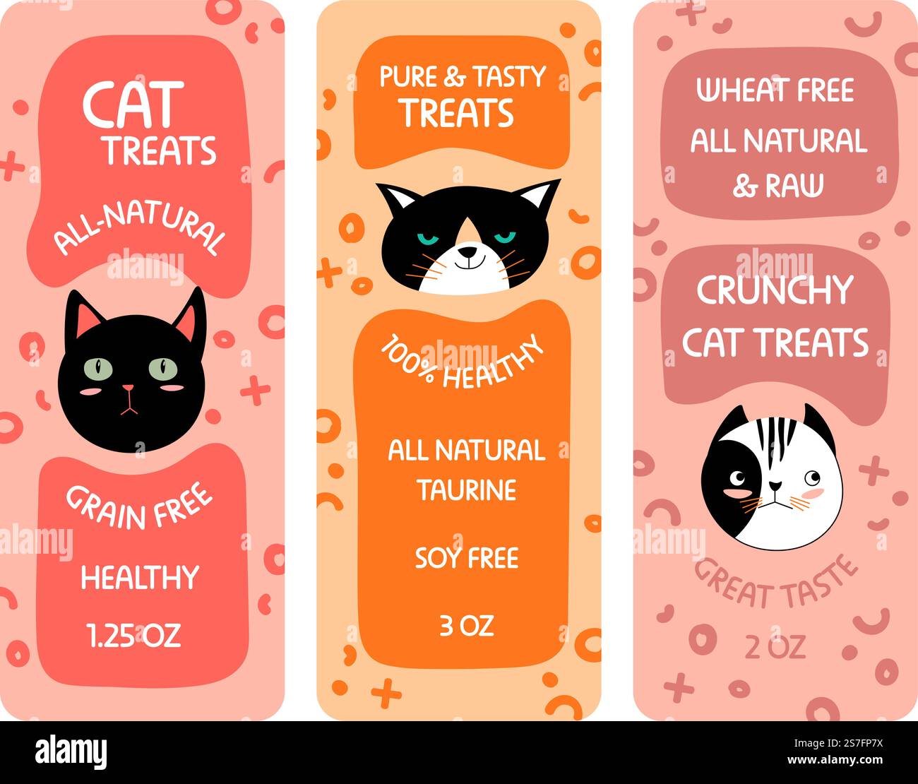 Cat behandelt alle natürlichen Produkte und Komponenten für Ihr Haustier. Getreidefreie und gesunde Alternative, knusprige Snacks für Katzentiere. Produktverpackungen und Embleme mit Gewicht. Vektor in abgewickelter Form. Leckereien für Katzen, Etiketten für reine und leckere Produkte Stock Vektor