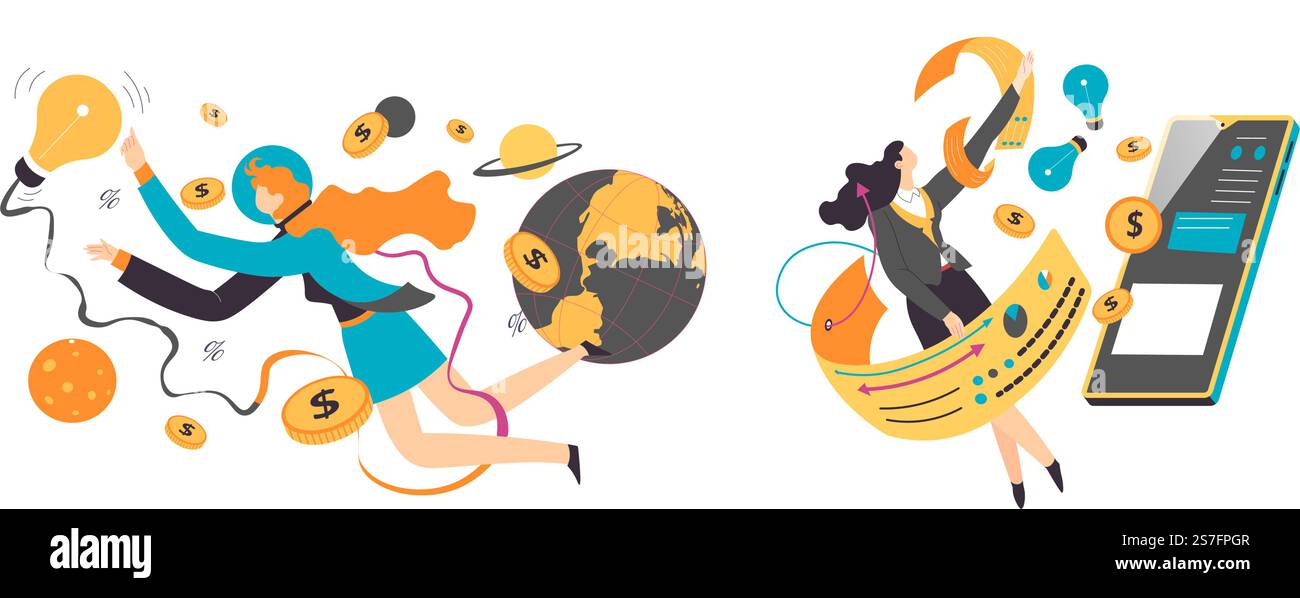 Finanzen und Budgetierung des Unternehmens, isolierte Mitarbeiter mit Anwendung für Geschäftsanalysen und -Analysen. Frau mit innovativen Ideen und Geldmitteln, Projekte bei der Arbeit. Vektor in abgewickelter Form. Geschäfts- und Organisationsentwicklung, Finanzen Stock Vektor