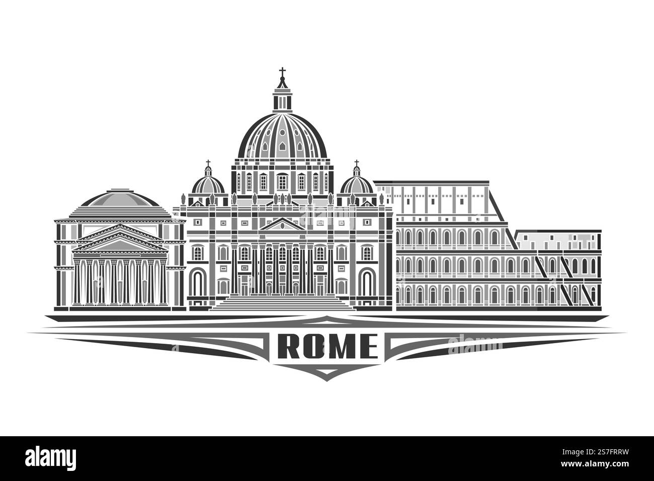 Vektor-Illustration von Rom, monochrome horizontale Karte mit linearem Design berühmte rom Stadtlandschaft, historische städtische Linie Kunstkonzept mit dekorativem l Stock Vektor
