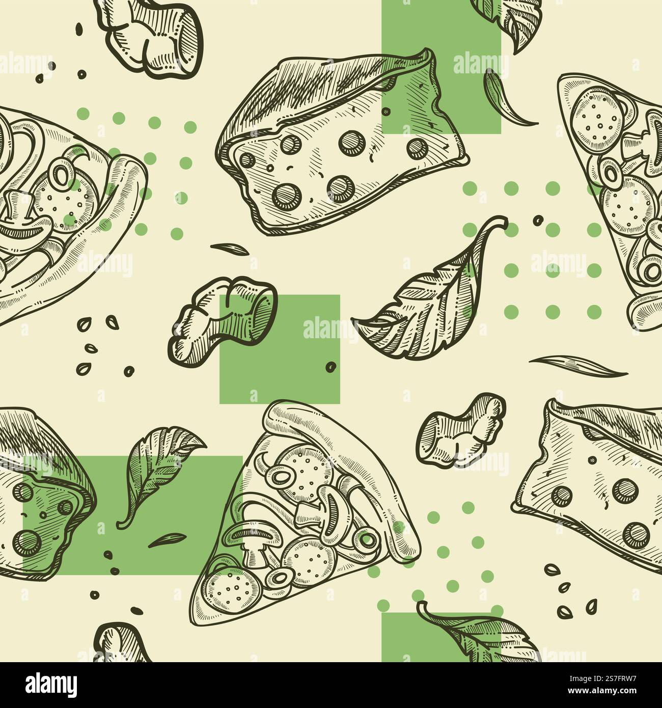 Pizzeria-Service, leckeres authentisches italienisches Rezept für Pizza. Gebackener Teig mit Pilzen und Salami, Kräutern und Käse, Soße. Nahtloser Musterdruck oder Hintergrundhintergrund. Vektor in abgewickelter Form. Italienische Pizzarezepte und Gerichte in monochromer Schrift Stock Vektor