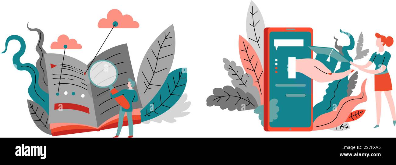 Mitarbeiter, die an der Entwicklung von Unternehmen arbeiten. Personen mit Smartphone und Buchsuche mit Lupe. Eingabe und Anforderung, Suche nach Informationen von Seite. Vektor in abgewickelter Darstellung. Vektor für Marketing- und Business Development-Tools Stock Vektor
