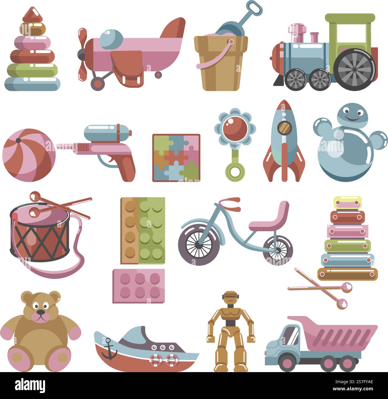 Spielzeug für Jungen und Mädchen, isolierte Kinderspielsachen. Rakete und Lokomotive, Eimer mit Schaufel für Sand. Würfel und Pyramiden, Trommeln und Plüschbär, Roboter und Schiff, Fahrzeug. Vektor in abgewickelter Form. Kinderspielzeug für Jungen und Mädchen, Puzzles und Bär Stock Vektor