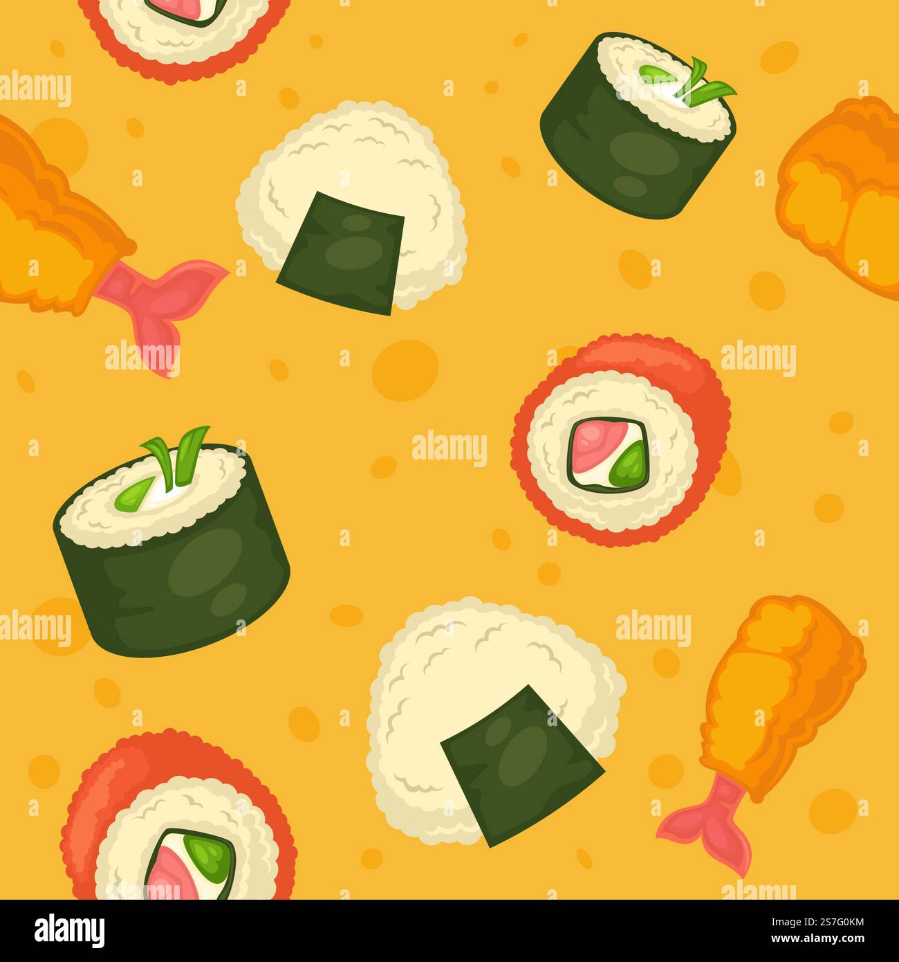 Nahtloses Sushi-Design mit japanischer Küche und Gerichten, Speisen zum Frühstück oder Abendessen. Onigiri und Brötchen mit Nori-Unkraut und Lachs, rotem Fischfilet und Avocado. Vektorabbildung in abgewickelter Form. Sushi nahtlose japanische Küche und Küche Stock Vektor