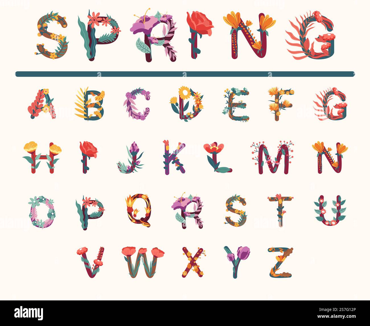 Typografie mit Blumendesign und Blattdekoration. Kreatives Alphabet mit Frühling, Sommer Natur Elemente, Vektor Illustration. Buchstaben mit Blütenpflanzen, Blumen und Blütenblättern. Typografie mit floralem Blattdekor Stock Vektor