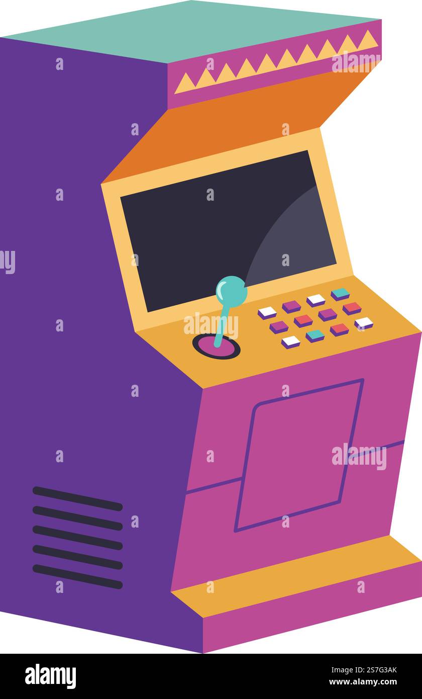 Spielautomat mit Tasten und Bildschirm für Spiele, gewerbliche oder private Nutzung. Isolierte Ikone für Unterhaltung im Retro- und Old-School-Stil, Arkaden und Schlachten. Vektor in abgewickelter Form. Retro-Spiele der alten Schule, Spielautomaten-Vektor Stock Vektor