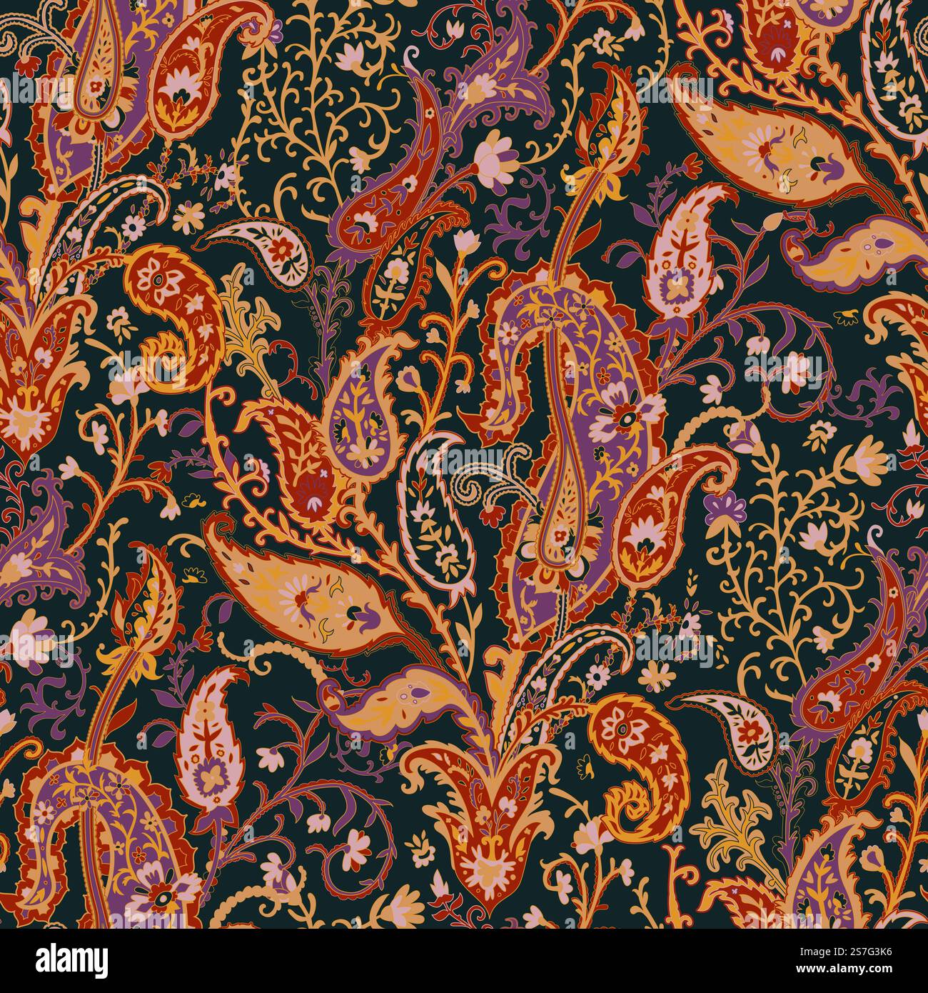 Paisley-Muster mit Blüten und blühendem Laub, Blättern und blühendem Botanik-Design. Verzierung und Motiv für Textil oder Stoff. Nahtloses Muster, Hintergrunddruck oder Hintergrundbild. Vektor in abgewickelter Form. Blühende Blumen und Botanik auf Paisley-Drucken Stock Vektor