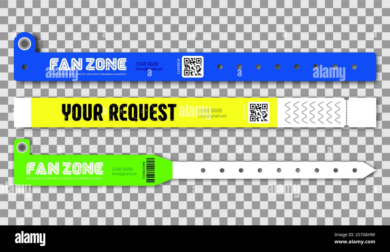 Set von Armbändern für den Eintritt zur Veranstaltung. Live Performance Eingang Vektor Armbänder Vorlagen. Tanz, Musik oder Konzerte. Eingang zur Lüfterzone. Set von Armbändern für den Eintritt zur Veranstaltung. Tanz, Musik oder Konzerte. Eingang zur Lüfterzone Stock Vektor