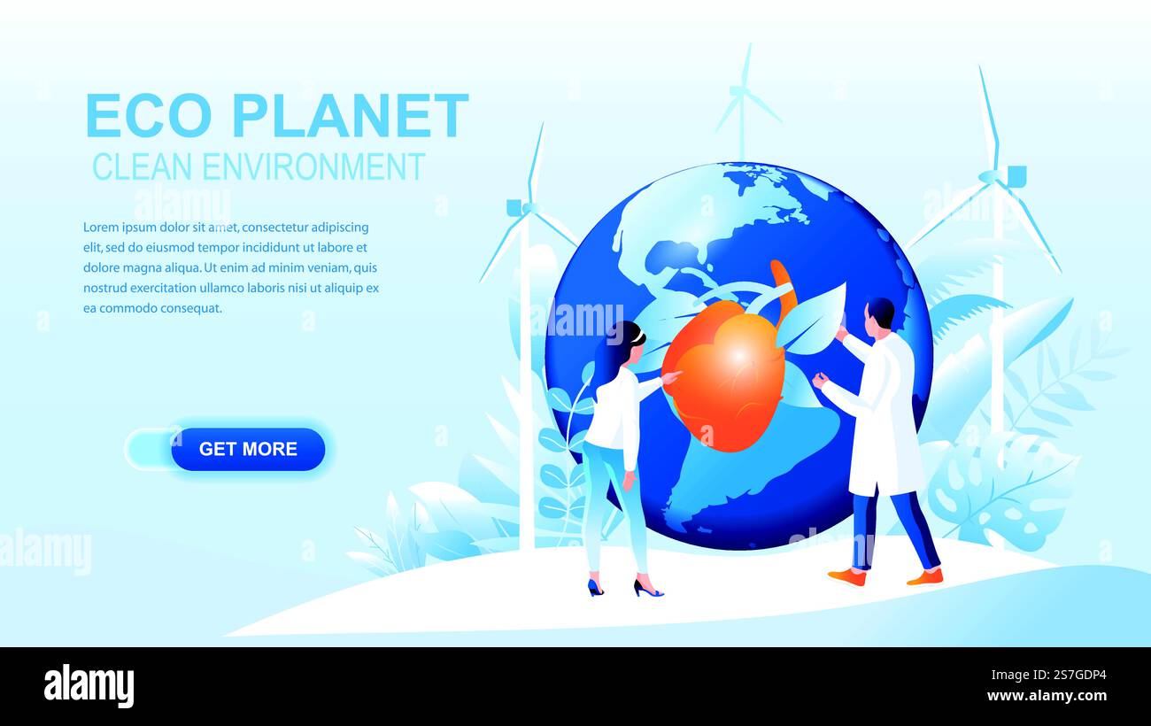 ECO Planet flache Landingpage mit Kopfzeile. Layout der Website für saubere Umgebungen. Planet-Webseite speichern. Lösung von Umwelt- und Umweltproblemen, umweltfreundliche Living Banner Vektor Vorlage Stock Vektor