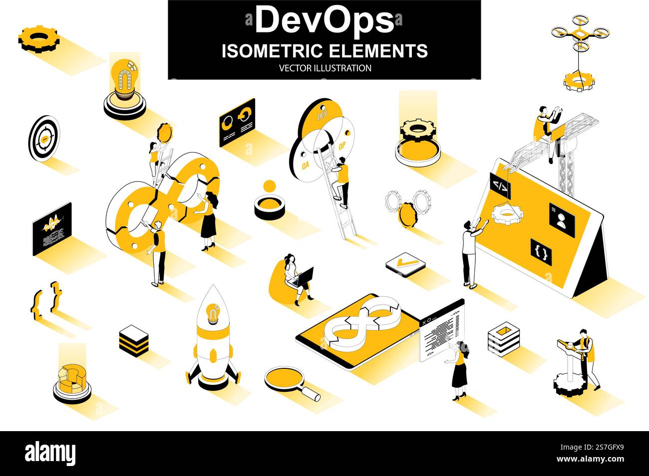 DevOps-Bündel isometrischer Elemente. Start-up-Einführung, Softwareentwicklung, Bereitstellung und Tests, Automatisierung und Programmierung isolierter Symbole. Isometrischer Vektor-Illustrationskit mit Personenzeichen. Stock Vektor