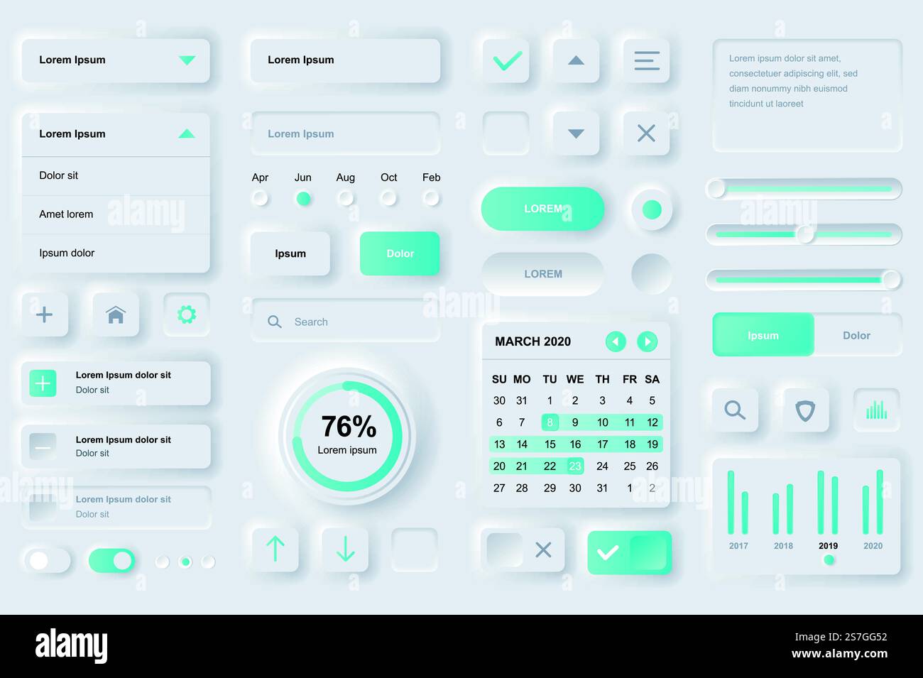 Benutzeroberflächenelemente für die mobile Finanzanwendung. Vorlagen für Finanzanalysen, Zeitmanagement und Planungs-gui. Einzigartiges neumorphes ui ux-Design-Kit. Verwalten, Navigation, Suchformular und Komponenten. Stock Vektor