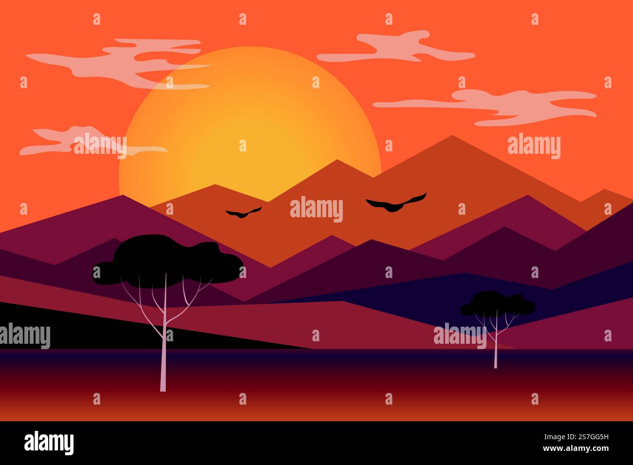 Sonnenuntergang im Hintergrund der Berglandschaft in flachem Stil. Die untergehende Sonne scheint über Berggipfeln und Hügeln, Vögel fliegen, Bäume in der Wüste. Naturlandschaft. Vektorabbildung des Webbanners Stock Vektor