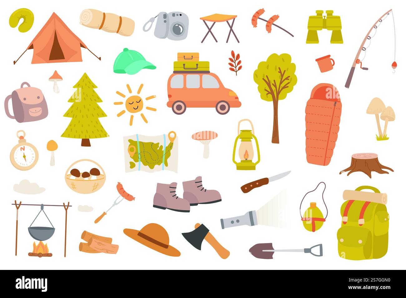 Camping und Wandern isolierte Objekte Set. Sammlung von Zelt, Auto, Wald, Fernglas, Angeln, Karte, Pilze, Rucksack, Kompass, Tourismuswerkzeuge. Vektorillustration von Designelementen in flachem Cartoon Stock Vektor