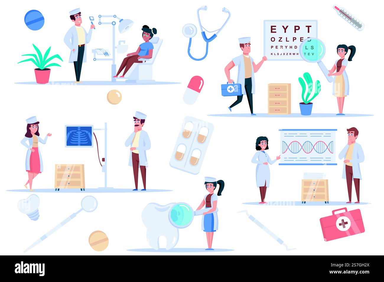 Medizinische Klinik isolierte Elemente Set. Ein Bündel von Patienten in der Zahnarzt- und Augenarztpraxis, im Röntgenraum, Wissenschaftler untersuchen DNA. Creator Kit für Vektor-Illustration in flachem Zeichentrickdesign Stock Vektor