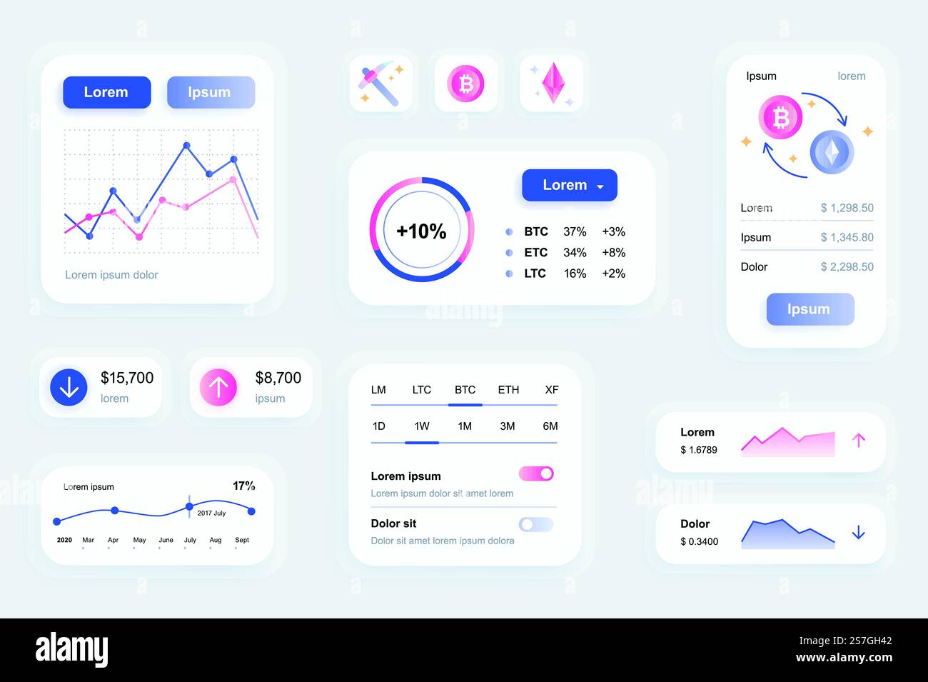 GUI-Elemente für die mobile Kryptowährung-App. Generator für die Benutzeroberfläche von Kryptowährungen für Mining, Börsen und Aktienhandel. Vektorillustration des einzigartigen ui ux Design Kit. Navigations- und Diagrammkomponenten. Stock Vektor