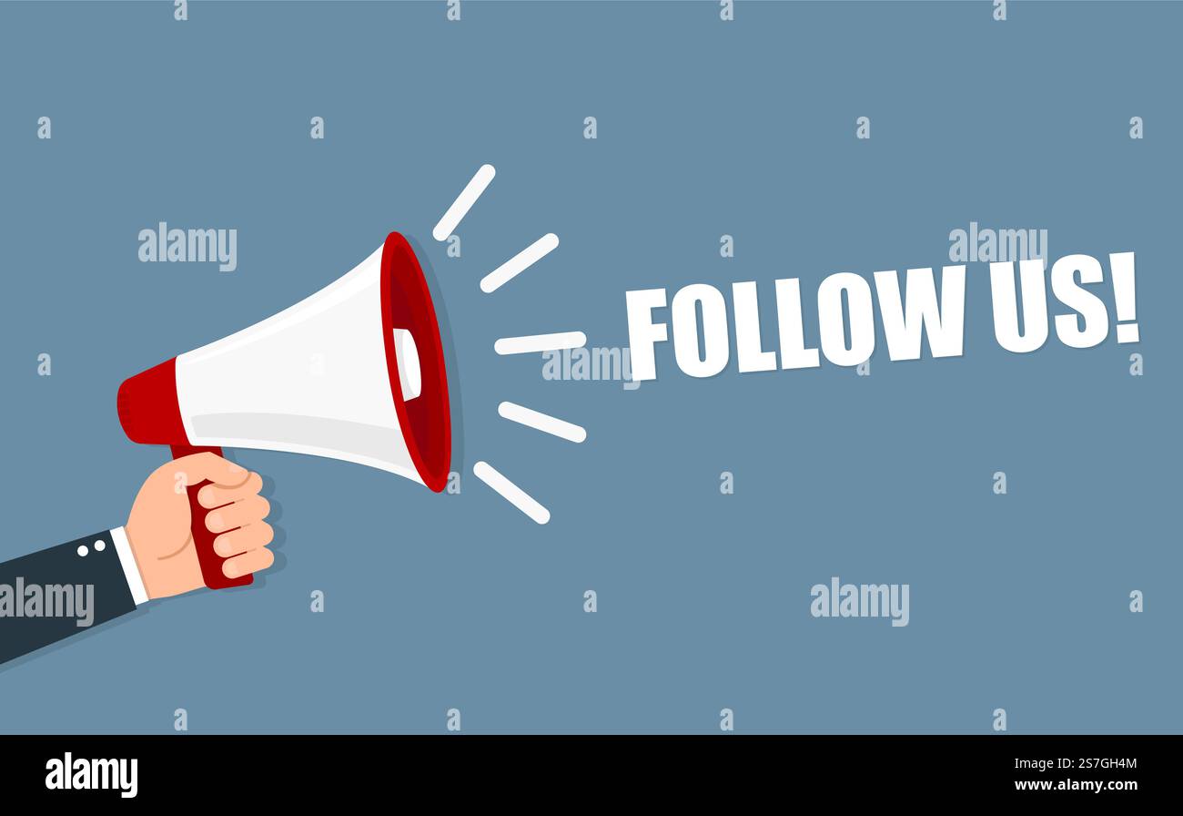 Hand, die ein Megafon hält. Folgen Sie uns Stock Vektor