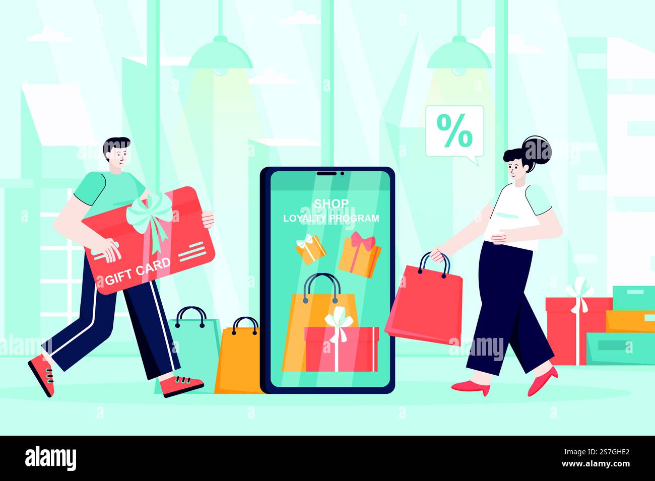 Treueprogramm-Konzept im flachen Design. Die Anziehungskraft neuer Kunden. Mann und Frau einkaufen, Preise vom Laden erhalten, Geschenkkarten. Vektorabbildung von Personenzeichen für Landing-Page Stock Vektor