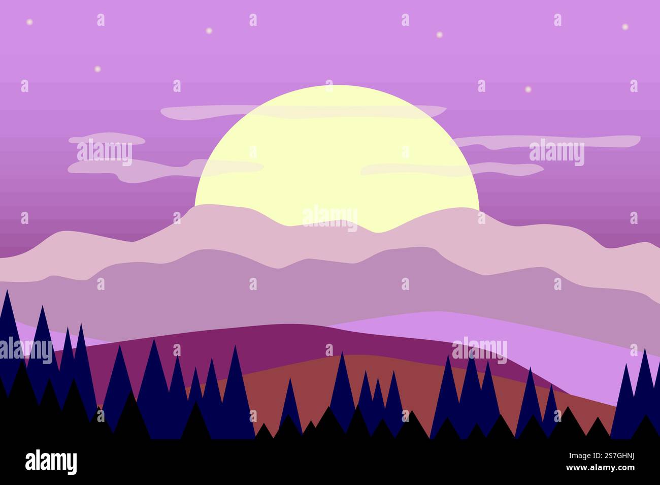 Riesige Sonne über Berglandschaftshintergrund in flachem Stil. Die untergehende Sonne scheint über Felsspitzen und Hügeln, Nadelwald-Silhouette. Abstrakte Naturlandschaft. Vektorabbildung des Webbanners Stock Vektor