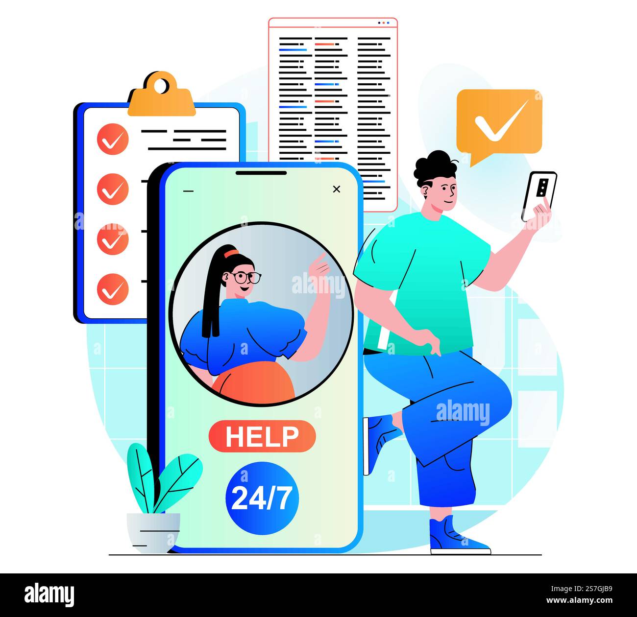 Virtuelles Assistenzkonzept in moderner Flachgestaltung. Der Mann kommuniziert mit dem Kundendienstbetreiber über das Mobiltelefon. Consultant unterstützt Kunden rund um die Uhr bei der Lösung von Problemen. Vektorabbildung Stock Vektor