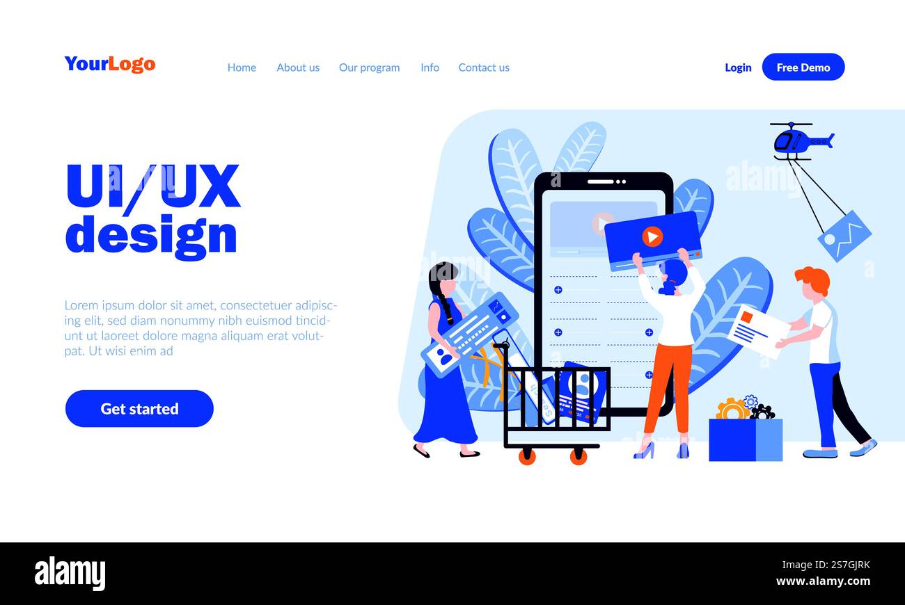 UI- und UX-Design-Vektor-Landing-Page-Vorlage mit Header. Design der Homepage für die Anwendungsentwicklung mit flachen Abbildungen. Programmierer , Webdesigner Cartoonfiguren. Software, Technologiekonzept Stock Vektor