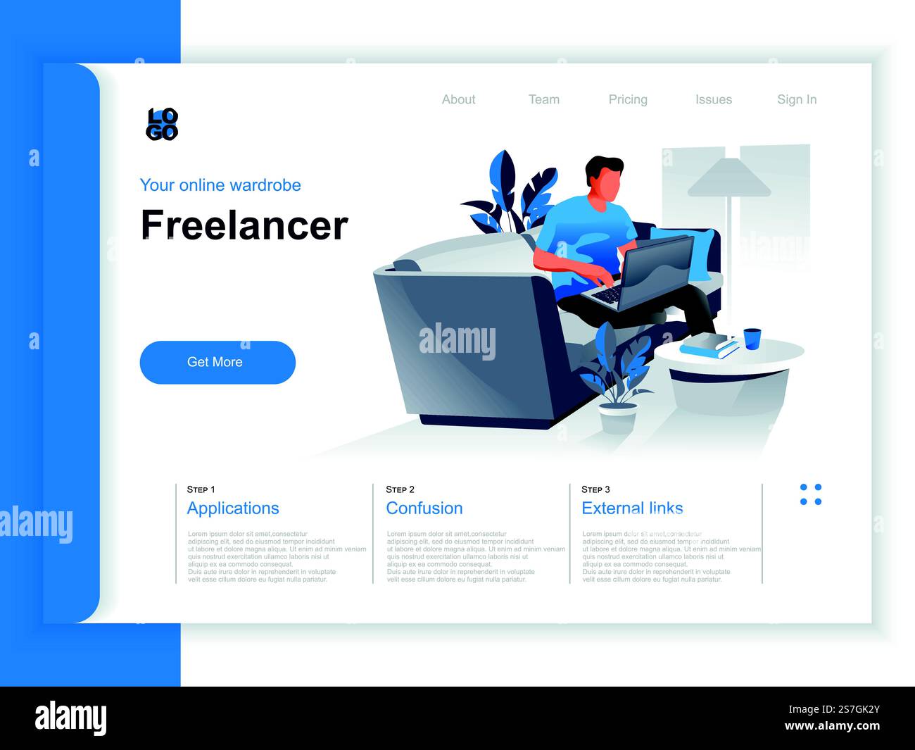 Isometrische Landing-Page für freiberufliche Jobs. Junger Mann, der mit einem Laptop in komfortablen Arbeitsbedingungen im Heimbüro arbeitet. Fernarbeit im Unternehmen und Selbständige Perspektive der flachen Gestaltung. Stock Vektor