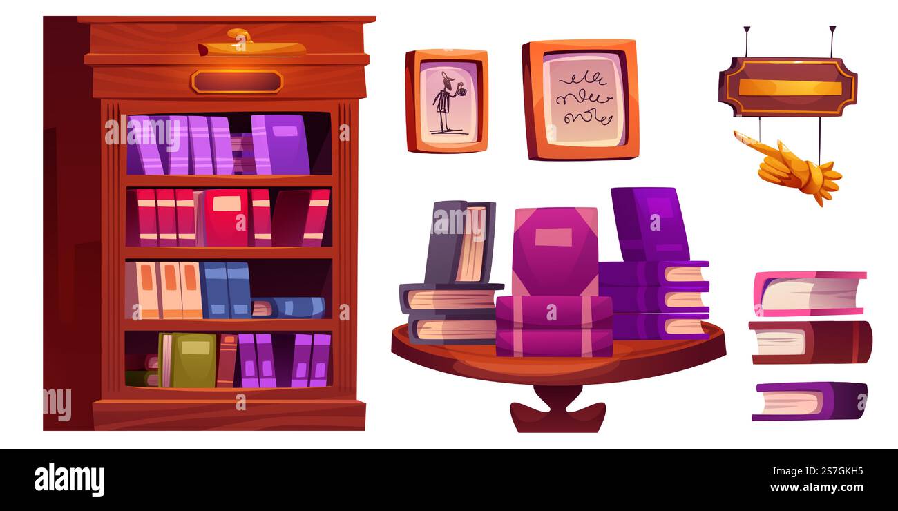 Innenelemente des Buchladens - Vintage-Bücherregal aus Holz mit Büchern, runder Präsentationstisch mit gestapelten Literatur, gerahmte Bilder an der Wand, dekorative Aufhängetafel. Klassisches Bibliotheksmöbel. Stock Vektor