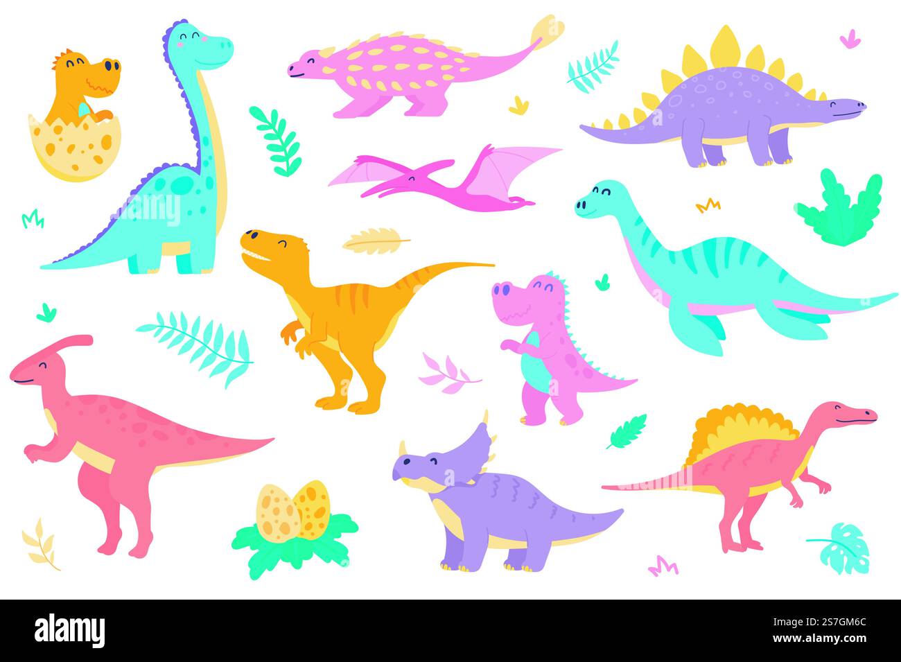 Niedliche Dinosaurier isolierte Objekte Set. Sammlung verschiedener Arten von bunten Dinosauriern, Dino-Baby im Ei. Lustige prähistorische jurassische Reptilien. Vektorillustration von Designelementen in flachem Cartoon Stock Vektor