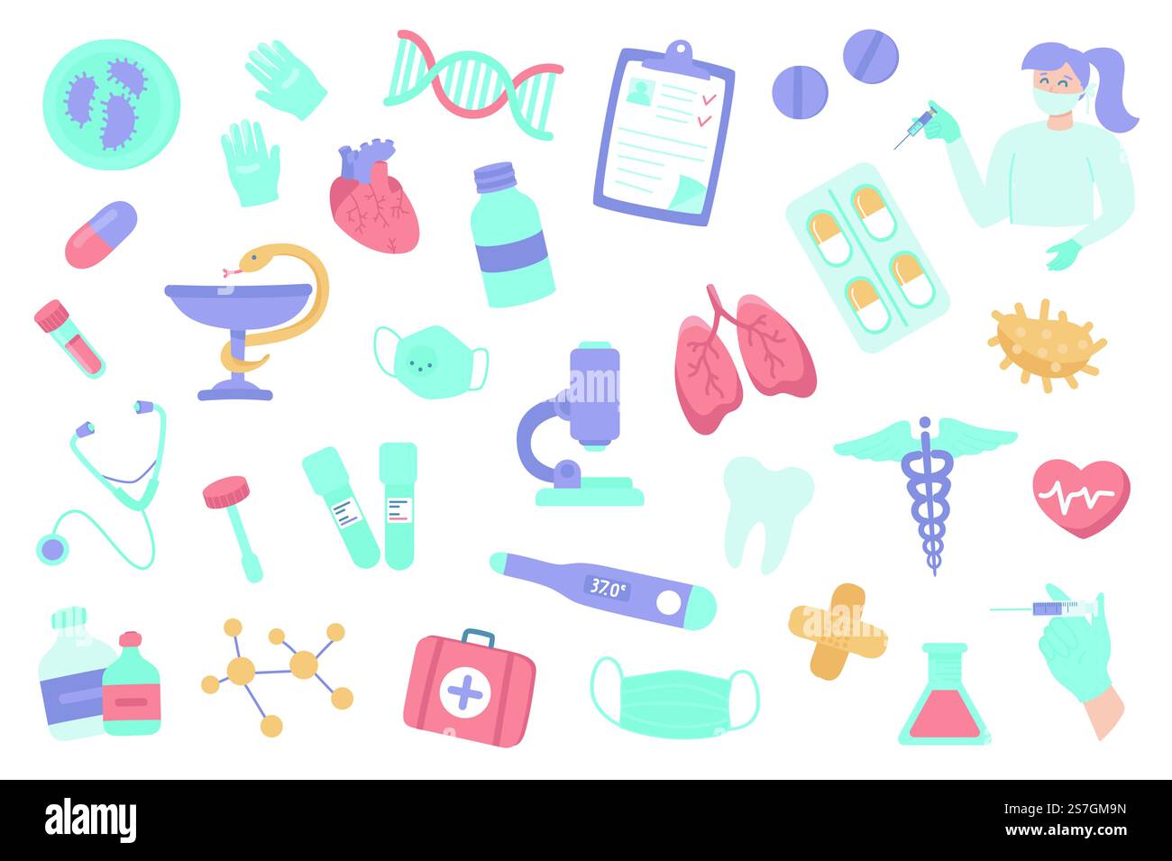 Medizinische Klinik isolierte Objekte Set. Sammlung von Impfungen, Medikamenten, Behandlung, Herz, Lunge, Laborglas, Medizinsymbole. Vektorillustration von Designelementen in flachem Cartoon Stock Vektor