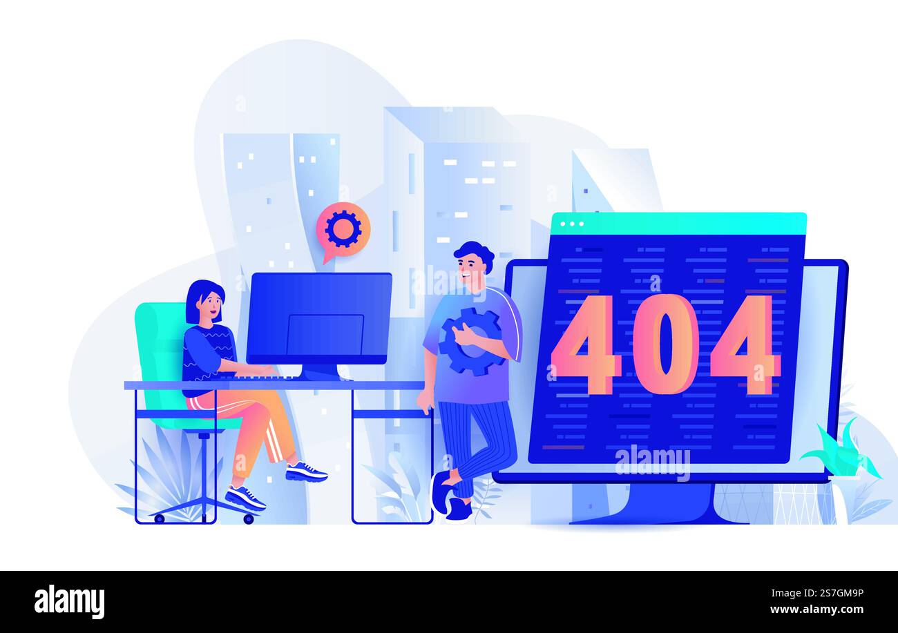 404 Seiten Fehlerkonzept in flacher Ausführung. Fehler beim Zugriff auf die Szenenvorlage der Webseite. Technisches Support-Team, das an der Behebung von Website-Problemen und Einstellungen arbeitet. Vektorillustration der Aktivitäten von Personen-Charakteren Stock Vektor
