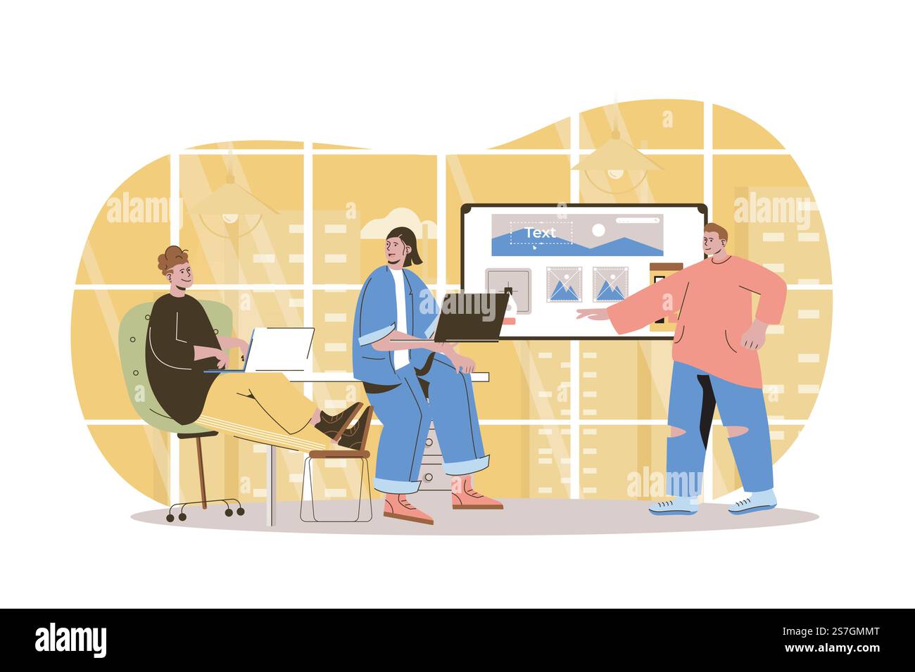 Zeichenkonzept für die Webentwicklung. Das Entwicklerteam erstellt ein Webseitenlayout, platziert grafische Elemente, diskutiert Ideen in einer isolierten Szene im Büro mit Personen. Vektorillustration mit Menschen in flacher Bauweise Stock Vektor