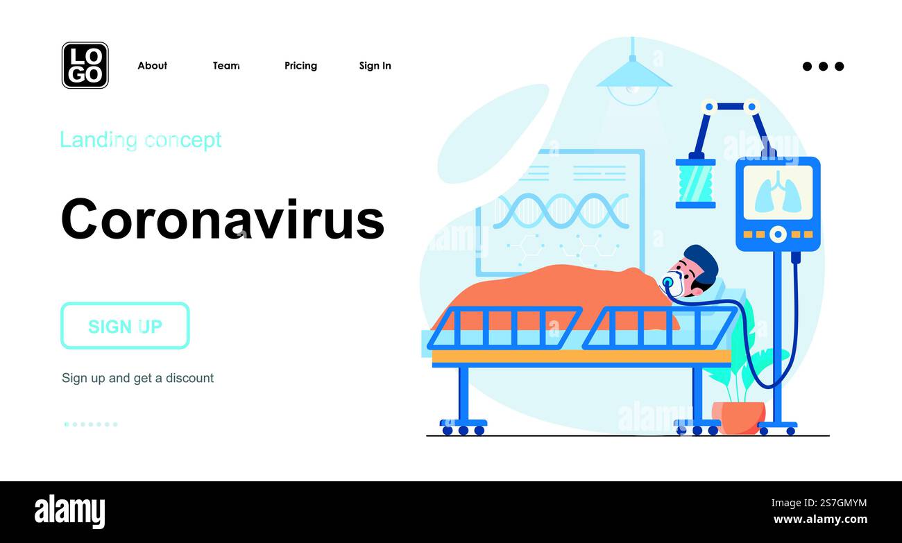 Coronavirus-Webkonzept. Mann mit Symptomen liegt unter künstlicher Lungenbeatmung in der Krankenhausstation. Vorlage für Personenszenen. Vektorillustration mit Charakteraktivitäten in flachem Design für Website Stock Vektor