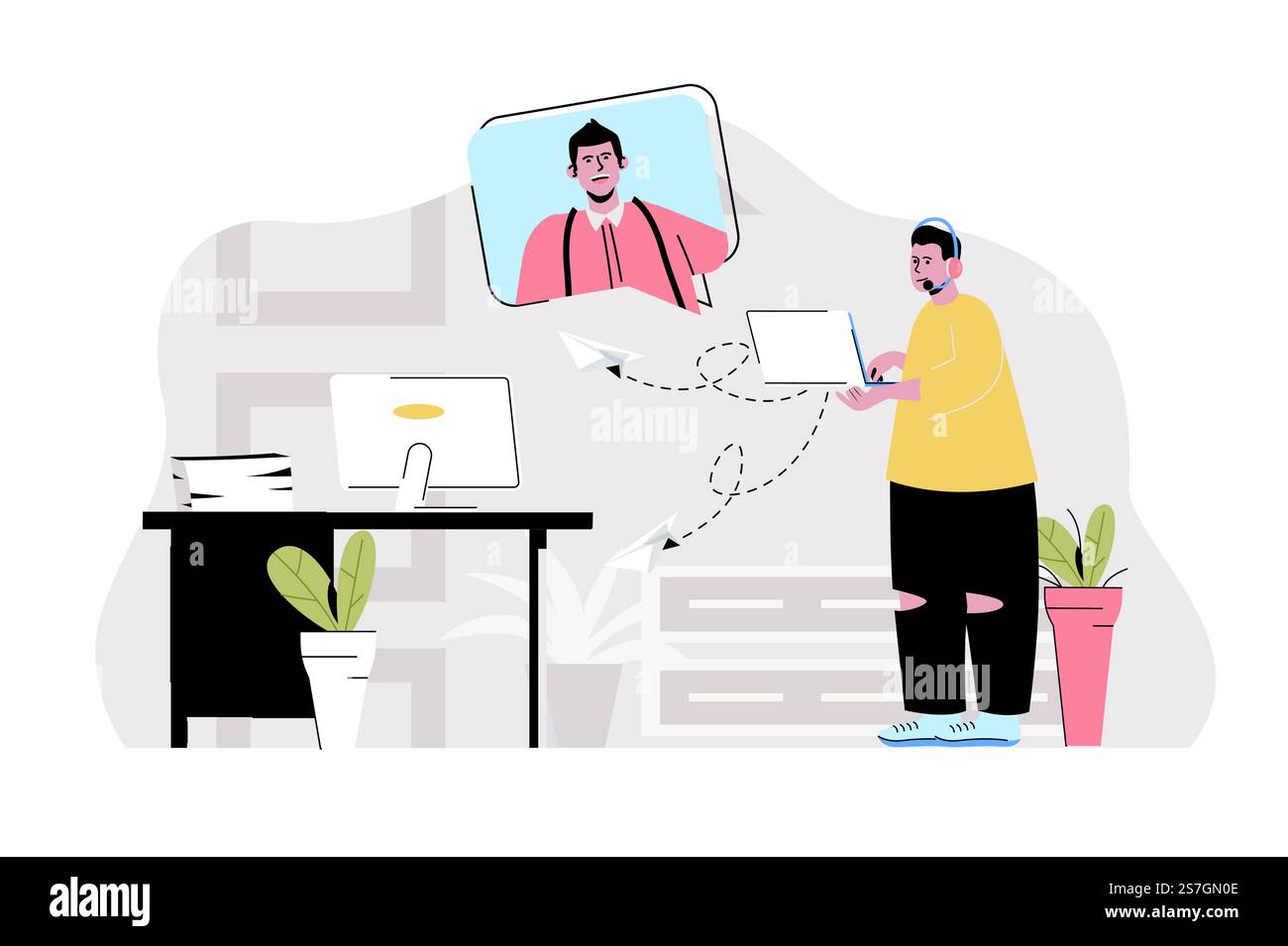 Konzept des technischen Supports. Das Call Center des Betreibers berät den Mann in einer Videochat-Situation. Technische Probleme lösen Personenszene. Vektorillustration mit flachem Zeichendesign für Website und mobile Website Stock Vektor