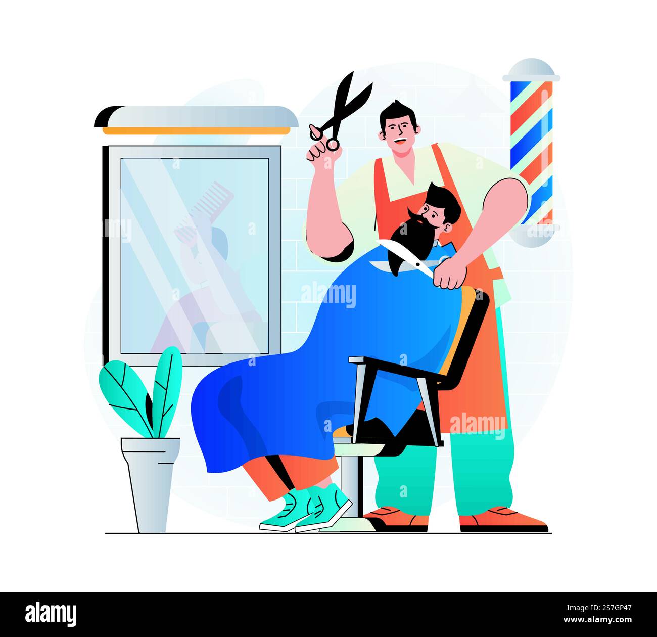 Friseursalon-Konzept in modernem, flachem Design. Friseur schneidet Kundenhaare und rasiert Bart im Männersalon. Mann sitzt auf dem Stuhl. Professionelle Haarpflege und modische Frisur. Vektorabbildung Stock Vektor