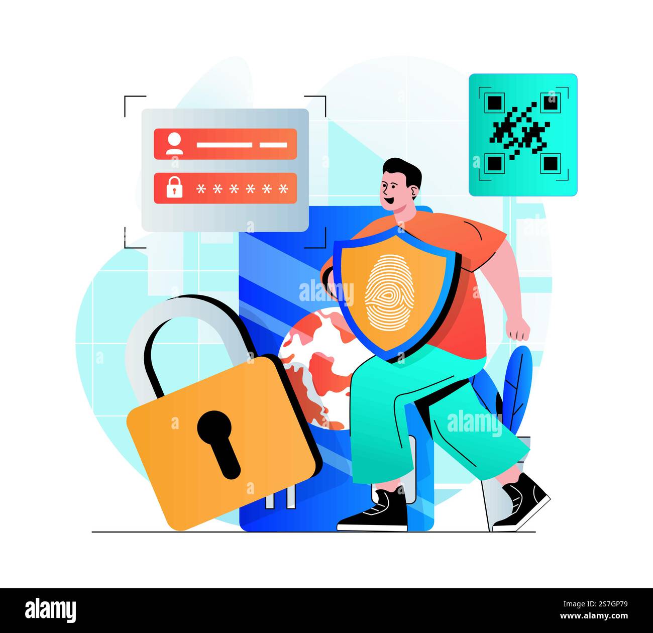 Sicheres Zahlungskonzept in moderner Flachbauweise. Mann, der mit Passwort und Fingerabdruck auf das Finanzkonto einzahlt. Schutz bei der mobilen Anwendung von Online-Banking. Vektorabbildung Stock Vektor