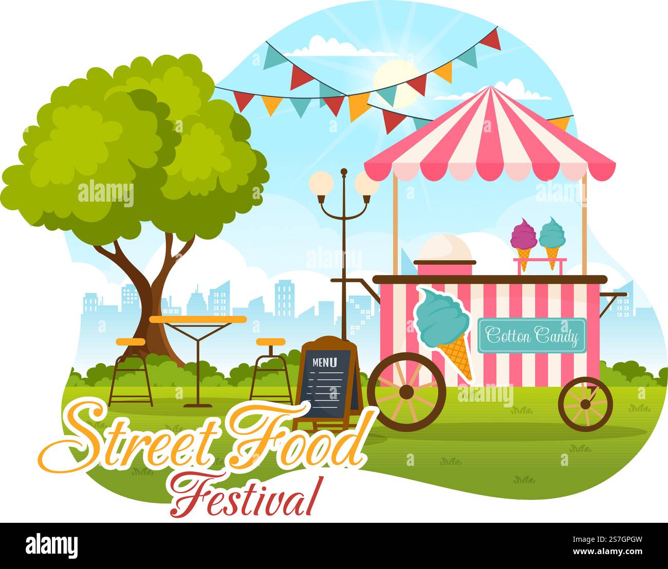 Street Food Festival Event Vector Illustration mit People and Foods Trucks im Summer Outdoor City Park in Flat Cartoon handgezeichnete Vorlagen Stock Vektor